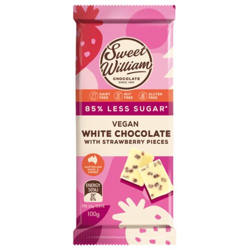 Sweet William Vegan White Chocolate Bar With Strawberry Pieces – No Added Sugar 100g