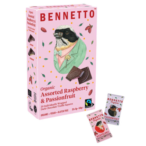 Bennetto Organic Assorted Raspberry & Passionfruit Truffle Filled Squares 160g